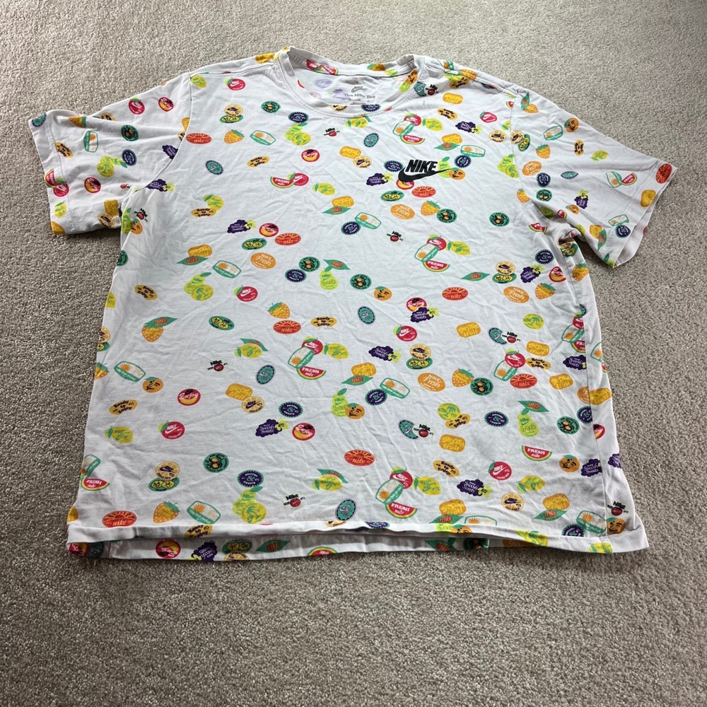 Nike Sportswear Shirt Mens XL White Fruit Sticker All Over Print Short Sleeve